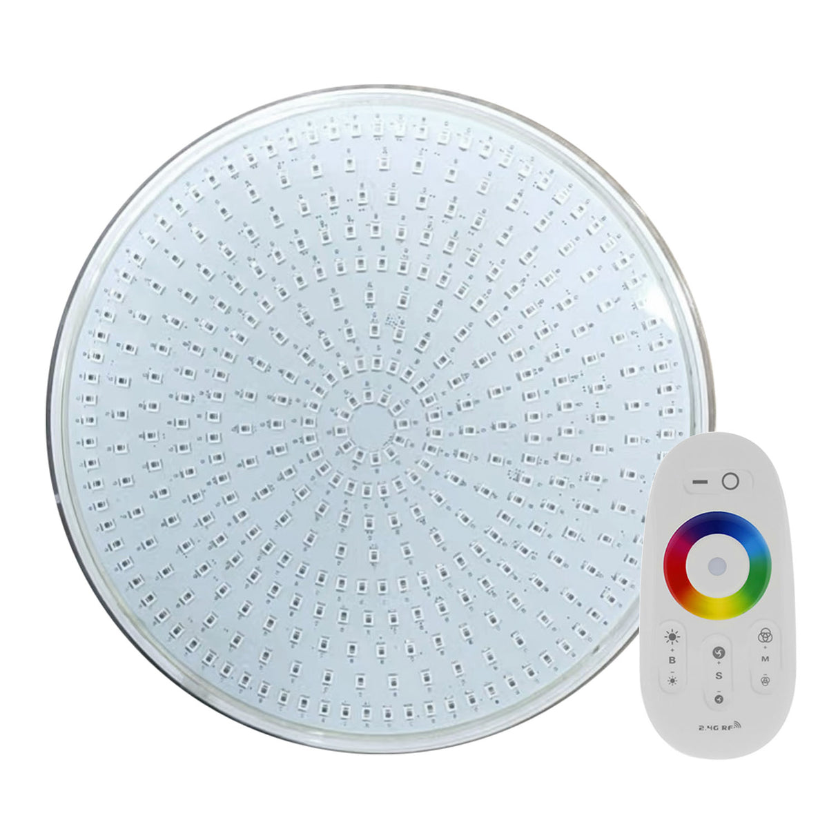 Foco Led para Piscinas con un nuevo diseño SLIM extraplano diseñada para sustituir los focos halógenos de las piscinas. Incluye controlador y mando a distancia para apagar/encender o regular la intensidad de luz, efectos, etc. Alta tecnología led que ofrecen una excelente iluminación y un ahorro del 90% de consumo eléctrico.  Cuerpo fabricado en PC-anti-UV de alta resistencia. Ofrece máxima potencia de iluminación. 