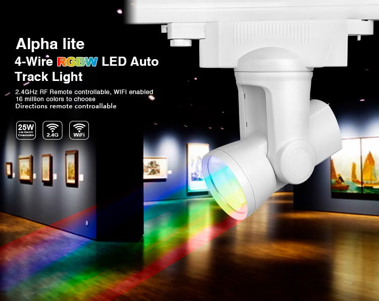 ALPHA LITE es un foco LED RGB+CW para carril trifásico con múltiples opciones de control de movimiento y de iluminación por control remoto o WiFi mediante App gratuita para smartphone o tablet Apple y/o Android.