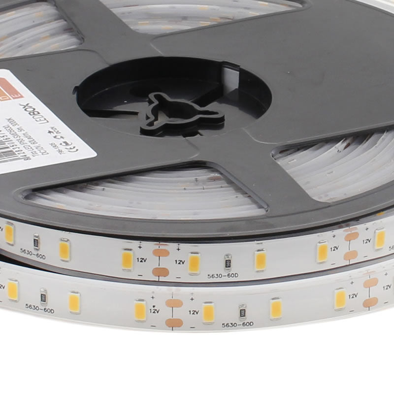 Tira LED con el nuevo Chip Samsung de alta potencia lumínica SMD5630. Incorpora protección estanca de silicona con protección IP68. Tira de 5 metros.