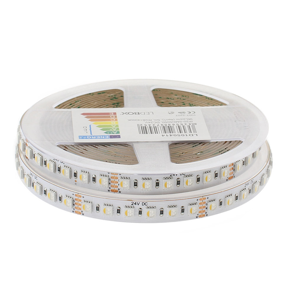 Tira LED RGB+W equipada con el nuevo chip OSRAM de alta densidad con 96 leds (4 en 1) por metro, incluye en cada chip RGB+blanco ofreciendo una luminosidad más uniforme y potente. Ofrece la emisión de cualquier color y una altísima luminosidad gracias a su chip de color blanco. Las tiras LED RGB+W son autoadhesivas y son ideales para crear efectos ambientales decorativos.