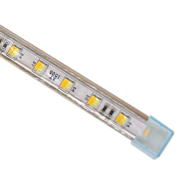 Tira led DUAL, blanco cálido y blanco frío en cada chip led. Se conecta directamente a la red eléctrica de 220V mediante un alimentador, posibilidad de seleccionar cualquiera de los dos colores, o los dos a la vez, ofreciendo el doble de luminosidad y un color blanco neutro.