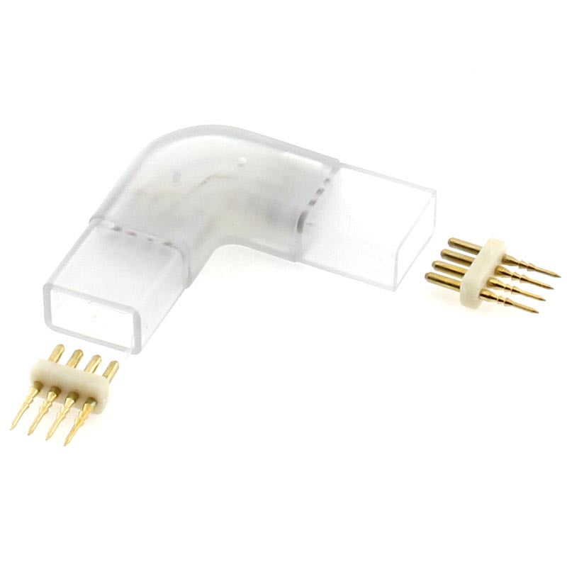 Conector en forma de L que permite la unión entre diferentes tramos de tira con facilidad y seguridad. Específica para tira LED a 220V RGB SMD5050. Incluye Pins de conexión.