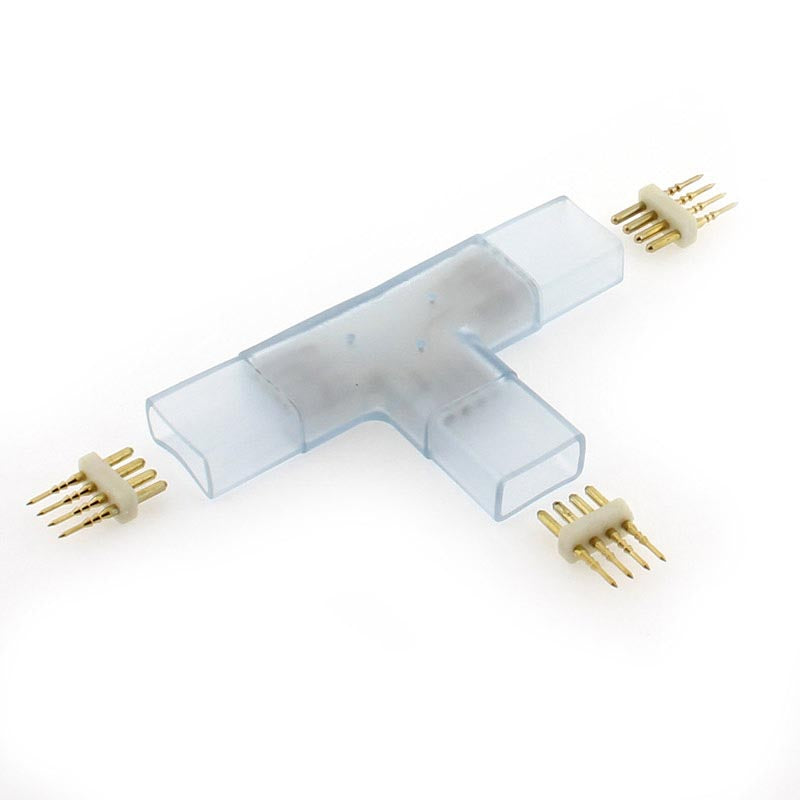 Conector en forma de T que permite la unión entre diferentes tramos de tira con facilidad y seguridad. Específica para tira LED a 220V RGB SMD5050. Incluye Pins de conexión.