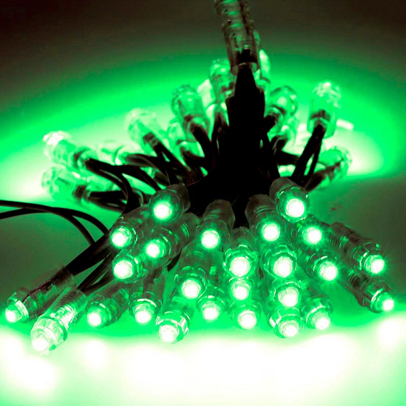 Tira con 50 unidades de <b>Pixel LED</b> de Ø12mm, cada módulo individual posee un LED EPISTAR color Verde y un micro integrado. Con alimentación DC5V. Ideal para rotulación, decoración, señalización, etc. Su protección IP68 lo hace adecuado para su uso en exteriores.