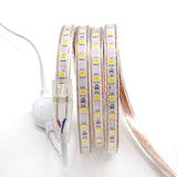 KIT Tira de LED flexible 220V está fabricada con componentes de alta calidad, con chip led EPISTAR de alta luminosidad de 20lm/led, permite una alta disipación del calor y son impermeables gracias a la cubierta transparente de PVC. Cada tira LED se suministra con su cable rectificador y su tapón final, por lo que recibirás el producto listo para su instalación.