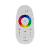 Completo controlador con botonera táctil y control remoto RF. Compatible con el Controlador HUB Wi-Fi LED, por lo que puede recibir las órdenes de forma inalámbrica y controlar la intensidad, color y modos de las diferentes luminarias RGBW (Tiras RGB + blanco)de 12/24VDC conectadas.