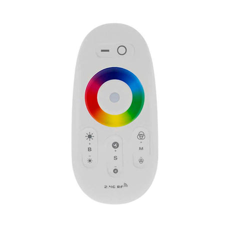 Completo controlador con botonera táctil y control remoto RF. Compatible con el Controlador HUB Wi-Fi LED, por lo que puede recibir las órdenes de forma inalámbrica y controlar la intensidad, color y modos de las diferentes luminarias RGBW (Tiras RGB + blanco)de 12/24VDC conectadas.