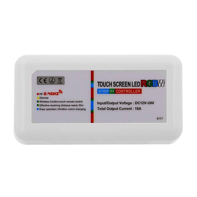Completo controlador con botonera táctil y control remoto RF. Compatible con el Controlador HUB Wi-Fi LED, por lo que puede recibir las órdenes de forma inalámbrica y controlar la intensidad, color y modos de las diferentes luminarias RGBW (Tiras RGB + blanco)de 12/24VDC conectadas.
