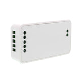 Completo controlador con botonera táctil y control remoto RF. Compatible con el Controlador HUB Wi-Fi LED, por lo que puede recibir las órdenes de forma inalámbrica y controlar la intensidad, color y modos de las diferentes luminarias RGBW (Tiras RGB + blanco)de 12/24VDC conectadas.