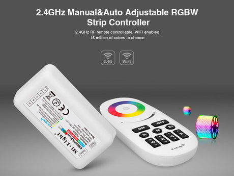 Completo controlador con botonera y control remoto RF. Permite controlar el color y la intensidad de los distintos canales de forma independiente de las diferentes luminarias RGBW (Tiras led RGB y/o RGBW) de 12/24VDC y 6A por canal conectadas. 
