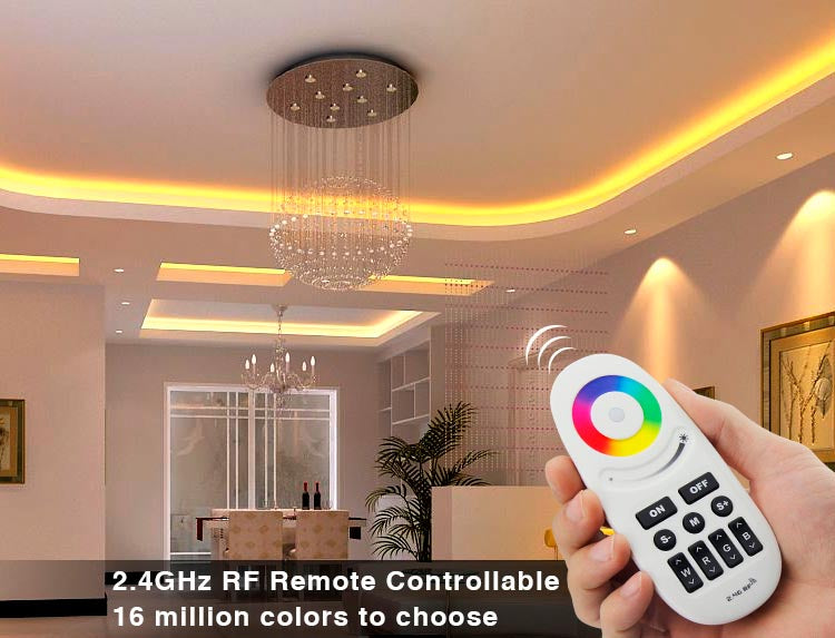 Completo controlador con botonera y control remoto RF. Permite controlar el color y la intensidad de los distintos canales de forma independiente de las diferentes luminarias RGBW (Tiras led RGB y/o RGBW) de 12/24VDC y 6A por canal conectadas. 
