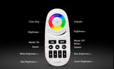 Completo controlador con botonera y control remoto RF. Permite controlar el color y la intensidad de los distintos canales de forma independiente de las diferentes luminarias RGBW (Tiras led RGB y/o RGBW) de 12/24VDC y 6A por canal conectadas. 
