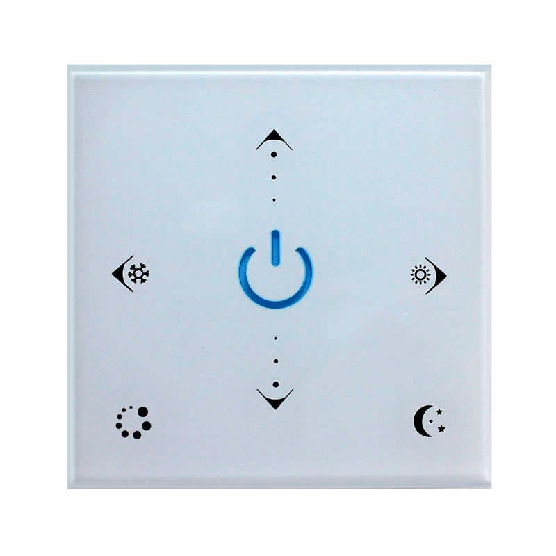 Controlador empotrable de panel táctil de gran calidad y cuidado diseño. Ideal para el control de la intensidad y cambio de color de las tiras Led blanco dual. Se puede encender/apagar, ajustar el brillo, seleccionar color cálido, frío o neutro, diferentes efectos de iluminación... a través del panel táctil y del mando a distancia RF.