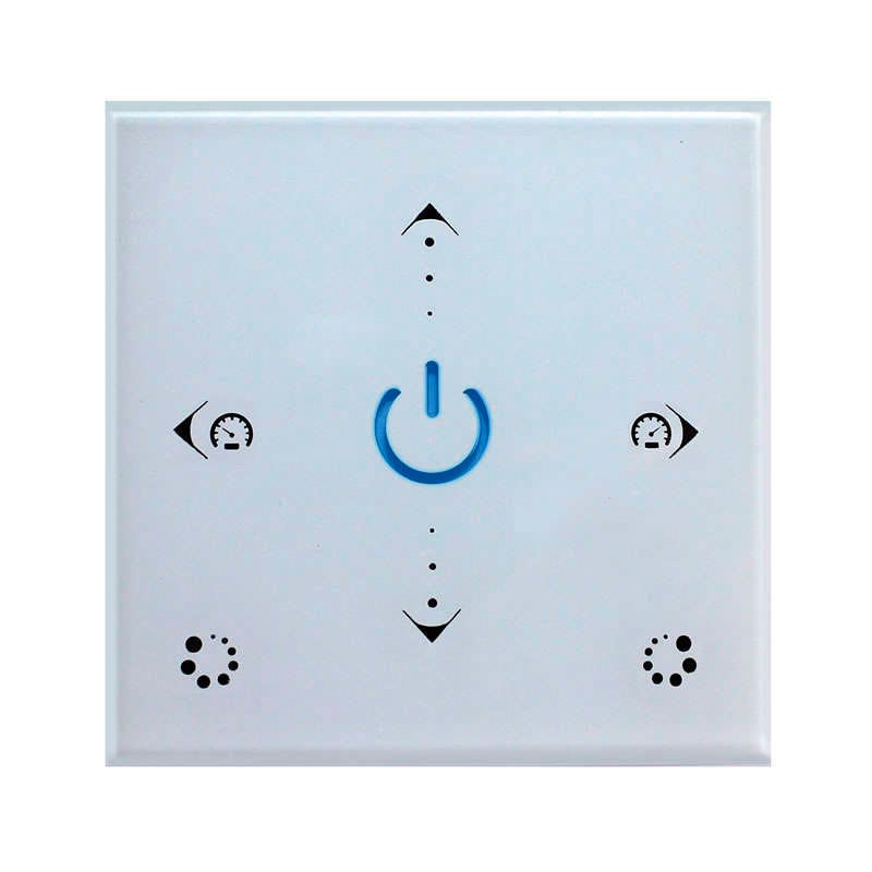 Controlador empotrable de panel táctil de gran calidad y cuidado diseño. Ideal para el control de la intensidad y cambio de color de las tiras RGB. Se puede encender/apagar, ajustar el brillo, seleccionar color, diferentes efectos de iluminación... a través del panel táctil y del mando a distancia RF.