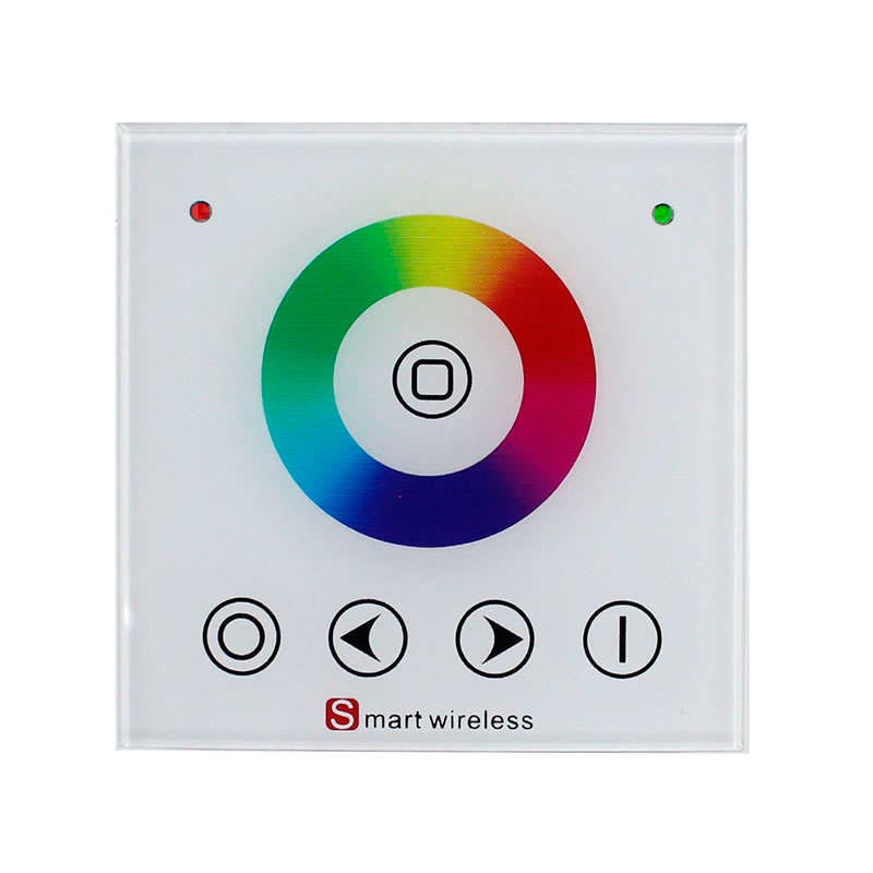 Controlador empotrable de panel táctil de gran calidad y cuidado diseño. Ideal para el control de la intensidad y cambio de color de las tiras RGB. Se puede encender/apagar, ajustar el brillo, seleccionar color, diferentes efectos de iluminación... a través del panel táctil y del mando a distancia RF.