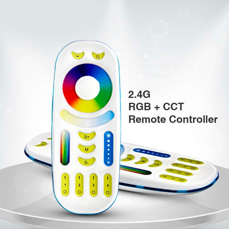 Todo en uno, mando a distancia para un control total de las luminarias, bombillas y tiras led RGB y CCT. Controla el encendido de cuatro zonas diferentes, intensidad y color de luz.