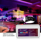 Controlador DMX512 LED que permite tener un control total DMX de las tiras RGB. Permite recibir la señal inalámbrica del transmisor DMX o la señal RF del mando a distancia 2,4GHz RGB+CCT.