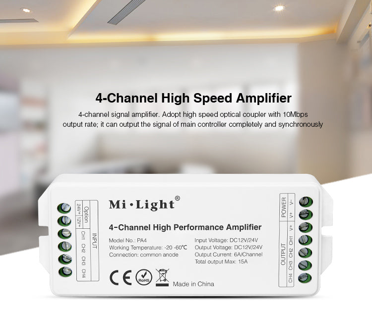 Amplificador de señal para tiras LED hasta 4 canales, para tiras monocolor, blanco dual o RGB. Necesario para instalación de tiras LED que superen los 8 metros de longitud o donde la señal necesita más potencia.