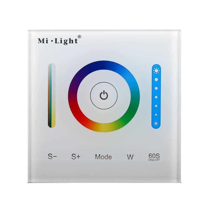 Controlador empotrable de panel táctil de gran calidad y cuidado diseño. Ideal para el control de la intensidad de las tiras Led RGB / RGB+CCT. Se puede encender/apagar, ajustar el color, brillo y temperatura de color, seleccionar diferentes efectos de iluminación y temporizador a través del panel táctil.