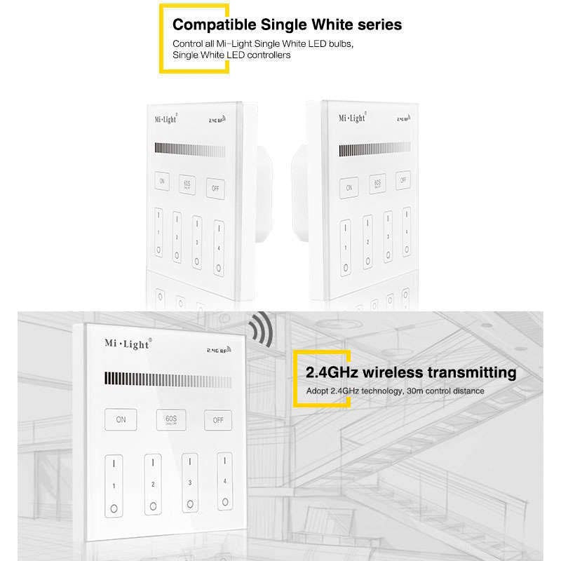 Control remoto empotrado de pared con pantalla de cristal táctil de gran precisión para un control profesional de tiras led monocolor. Permite el control de 4 zonas.