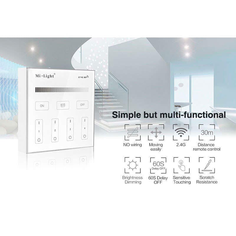 Control remoto de pared con pantalla de cristal táctil de gran precisión para un control profesional de tiras led monocolor. Permite el control de 4 zonas. Se alimenta con 2 pilas tipo AAA y es posible ponerlo en cualquier superfice sin necesidad de empotrarlo.