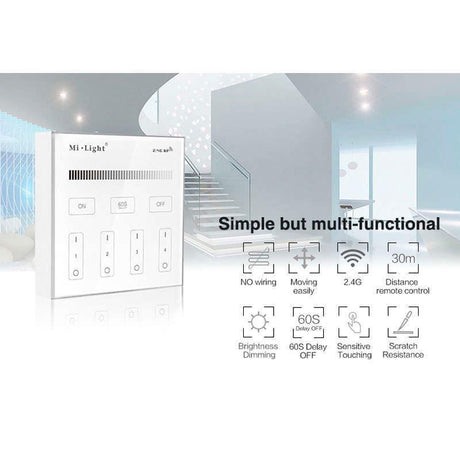 Control remoto de pared con pantalla de cristal táctil de gran precisión para un control profesional de tiras led monocolor. Permite el control de 4 zonas. Se alimenta con 2 pilas tipo AAA y es posible ponerlo en cualquier superfice sin necesidad de empotrarlo.