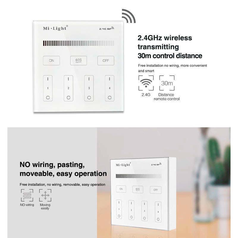Control remoto de pared con pantalla de cristal táctil de gran precisión para un control profesional de tiras led monocolor. Permite el control de 4 zonas. Se alimenta con 2 pilas tipo AAA y es posible ponerlo en cualquier superfice sin necesidad de empotrarlo.