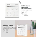 Control remoto de pared con pantalla de cristal táctil de gran precisión para un control profesional de tiras led monocolor. Permite el control de 4 zonas. Se alimenta con 2 pilas tipo AAA y es posible ponerlo en cualquier superfice sin necesidad de empotrarlo.