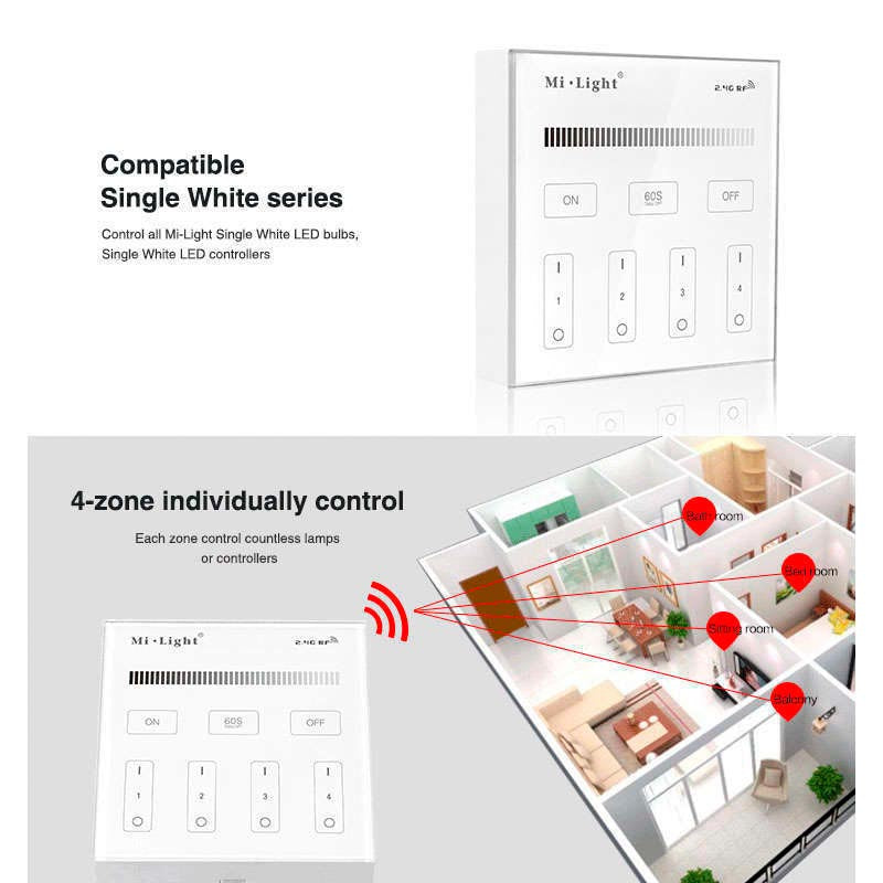 Control remoto de pared con pantalla de cristal táctil de gran precisión para un control profesional de tiras led monocolor. Permite el control de 4 zonas. Se alimenta con 2 pilas tipo AAA y es posible ponerlo en cualquier superfice sin necesidad de empotrarlo.