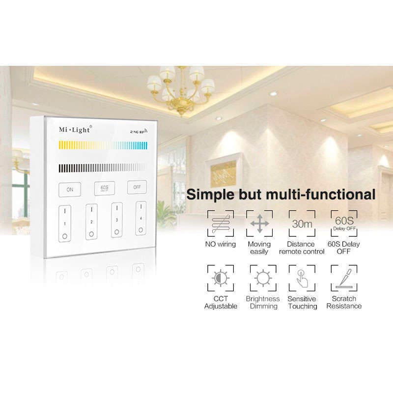 Control remoto de pared con pantalla de cristal táctil de gran precisión para un control profesional de tiras led blanco dual CCT. Permite el control de 4 zonas. Se alimenta con 2 pilas tipo AAA y es posible ponerlo en cualquier superfice sin necesidad de empotrarlo.