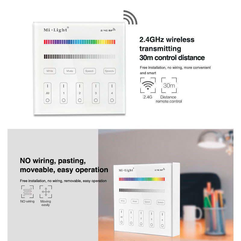 Control remoto de pared con pantalla de cristal táctil de gran precisión para un control profesional de tiras led RGB/RGBW. Permite el control de 4 zonas. Se alimenta con 2 pilas tipo AAA y es posible ponerlo en cualquier superfice sin necesidad de empotrarlo.