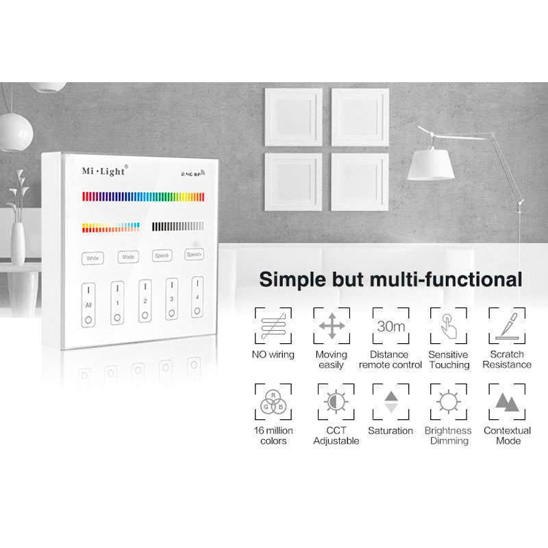 El Mando B4 es un control remoto de pared con pantalla de cristal táctil de gran precisión para un control profesional de tiras led RGB + CCT blanco dual. Permite el control de 4 zonas. Se alimenta con 2 pilas tipo AAA y es posible ponerlo en cualquier superficie sin necesidad de empotrar.