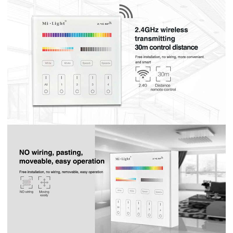 El Mando B4 es un control remoto de pared con pantalla de cristal táctil de gran precisión para un control profesional de tiras led RGB + CCT blanco dual. Permite el control de 4 zonas. Se alimenta con 2 pilas tipo AAA y es posible ponerlo en cualquier superficie sin necesidad de empotrar.