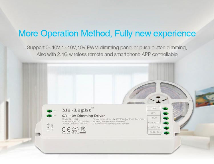 Controlador que permite la regulación de luces led DC12-24V (0-100%) a través de 0-10V, 1-10V, 10V PWM o pulsador. También a través de smartphone por WiFi ó 4G. Y con una amplia gama de mandos a distancia RF 2.4Ghz. Facilita la regulación de instalaciones led en el hogar, oficinas, hoteles, comercios, etc.