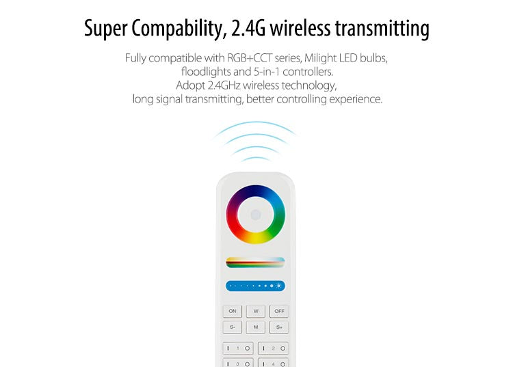 Mando a distancia RF 2.4Ghz. En combinación con un controlador compatible permite el control de cualquier tipo de tira led RGBW, RGB, CCT DUAL y MONO. Permite controlar hasta 8 zonas diferentes. Con teclado táctil.