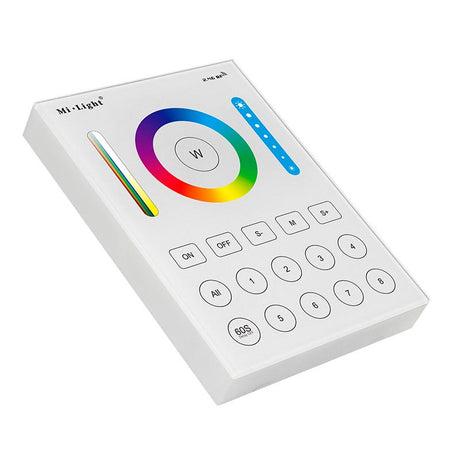 El Mando 8 zonas RGB+CCT táctil B8 es un control remoto de pared con pantalla de cristal táctil de gran precisión para un control profesional de tiras led RGB + CCT blanco dual. el mando a distancia permite el control de 8 zonas. Se alimenta con 2 pilas tipo AAA o con adaptador de corriente opcional.