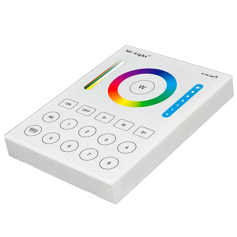 El Mando 8 zonas RGB+CCT táctil B8 es un control remoto de pared con pantalla de cristal táctil de gran precisión para un control profesional de tiras led RGB + CCT blanco dual. el mando a distancia permite el control de 8 zonas. Se alimenta con 2 pilas tipo AAA o con adaptador de corriente opcional.