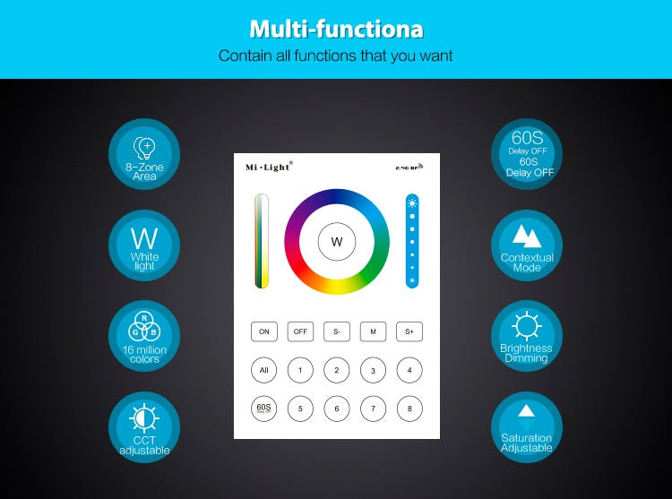 El Mando 8 zonas RGB+CCT táctil B8 es un control remoto de pared con pantalla de cristal táctil de gran precisión para un control profesional de tiras led RGB + CCT blanco dual. el mando a distancia permite el control de 8 zonas. Se alimenta con 2 pilas tipo AAA o con adaptador de corriente opcional.