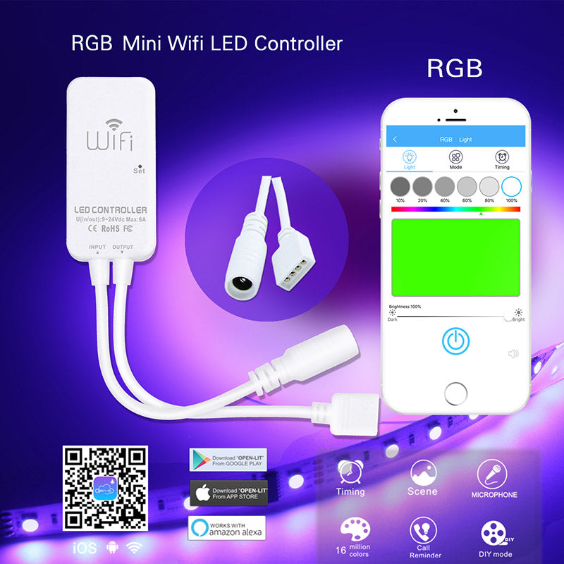 Regulador de tamaño reducido que permite controlar la intensidad, color, modos, grupos, escenas  y tiempos de encendido de las tiras LED RGB. Conectividad WiFi mediante APP a través del smartphone y compatible con Alexa (el control por voz de Amazon).