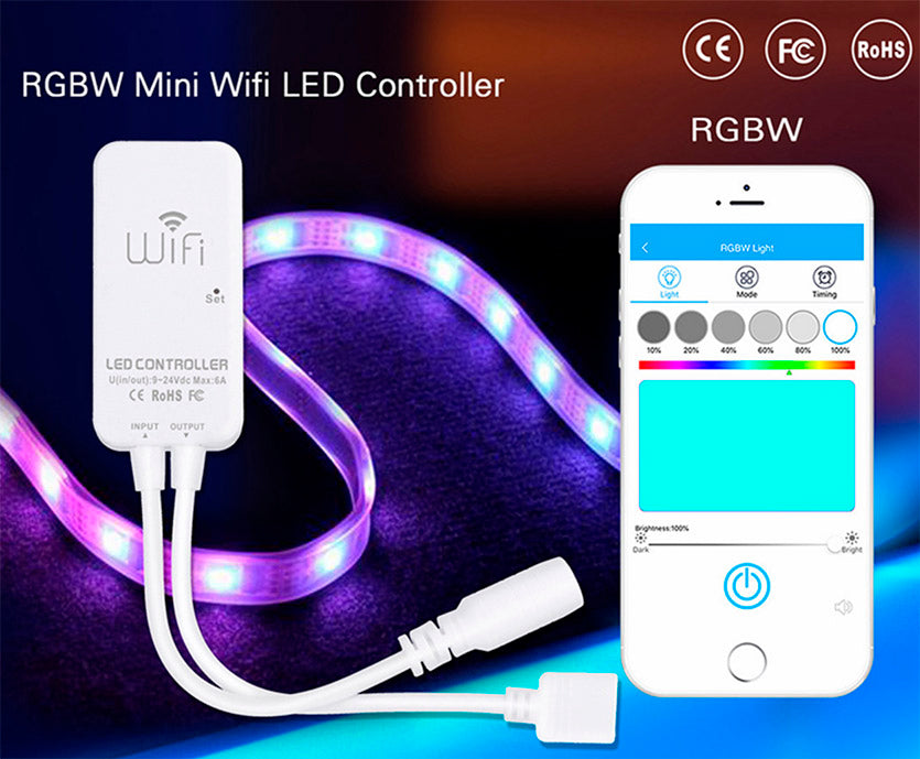 Regulador de tamaño reducido que permite controlar la intensidad, color, modos, grupos, escenas  y tiempos de encendido de las tiras LED RGBW. Conectividad WiFi mediante APP a través del smartphone y compatible con Alexa (el control por voz de Amazon).