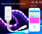 Regulador de tamaño reducido que permite controlar la intensidad, color, modos, grupos, escenas  y tiempos de encendido de las tiras LED RGB+CCT. Conectividad WiFi mediante APP a través del smartphone y compatible con Alexa (el control por voz de Amazon).