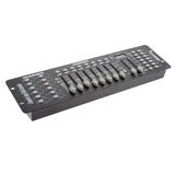 Consola DMX 512 Profesional. Permite manejar cualquier tipo de luminarias que sea DMX: Efecto de LED, cabezal móvil, máquina de humo, Strobo, Dimmer Pack. Controla hasta 12 equipos independientes de 16 canales cada uno que se seleccionan desde los botones de Scanner.