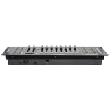 Consola DMX 512 Profesional. Permite manejar cualquier tipo de luminarias que sea DMX: Efecto de LED, cabezal móvil, máquina de humo, Strobo, Dimmer Pack. Controla hasta 12 equipos independientes de 16 canales cada uno que se seleccionan desde los botones de Scanner.