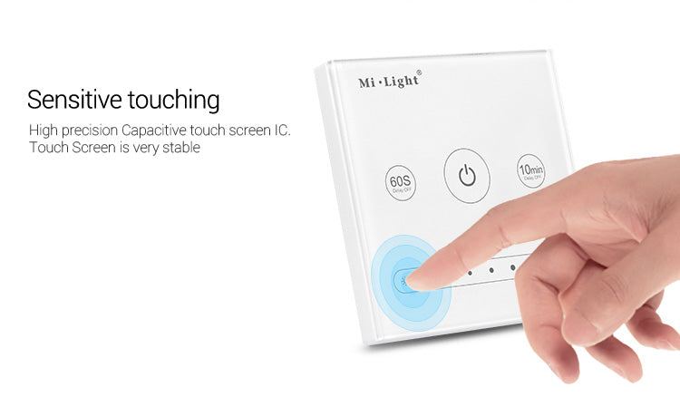 Panel táctil empotrable de gran calidad y cuidado diseño, con señal de salida 0-10V que permite un control profesional de dispositivos led con este tipo de regulación.