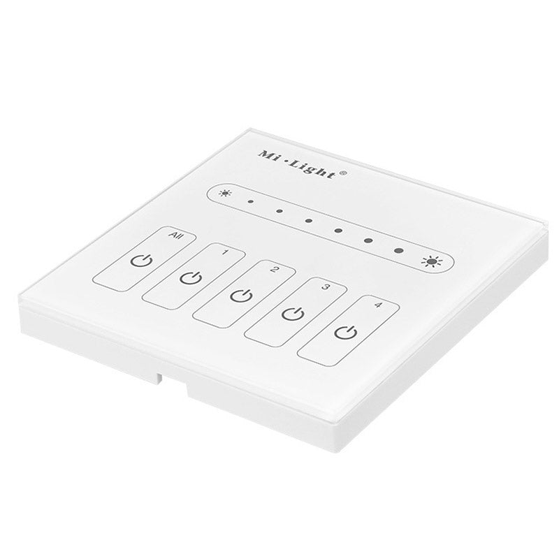 Panel táctil empotrable de gran calidad y cuidado diseño, con señal de salida 0-10V que permite un control profesional de dispositivos led con este tipo de regulación. Control de 4 zonas de forma individual o en conjunto.