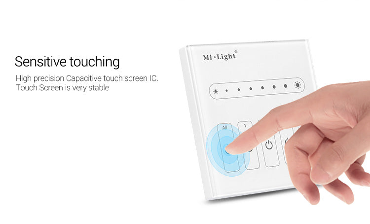 Panel táctil empotrable de gran calidad y cuidado diseño, con señal de salida 0-10V que permite un control profesional de dispositivos led con este tipo de regulación. Control de 4 zonas de forma individual o en conjunto.