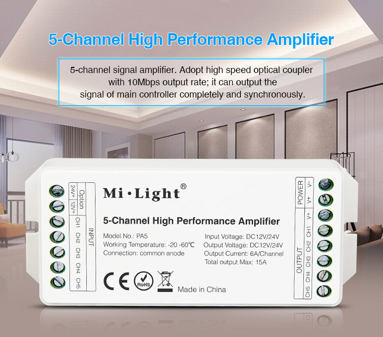 Amplificador de señal para tiras LED hasta 5 canales, para tiras monocolor, blanco dual, RGB o RGB+CCT. Necesario para instalación de tiras LED que superen los 8 metros de longitud o donde la señal necesita más potencia.