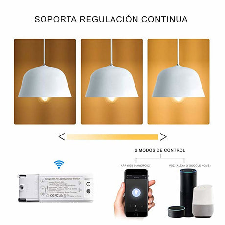 Controlador de última generación para bombillas y luminarias led regulables 220V (max 300W). Puedes apagar/encender o regular la intensidad y temporizadores mediante conectividad WiFi mediante APP a través del smartphone Android o iOS y compatible con control por voz Alexa y Google Home. Un nuevo concepto de controladores profesionales para el control de cualquier tipo de luminarias led.