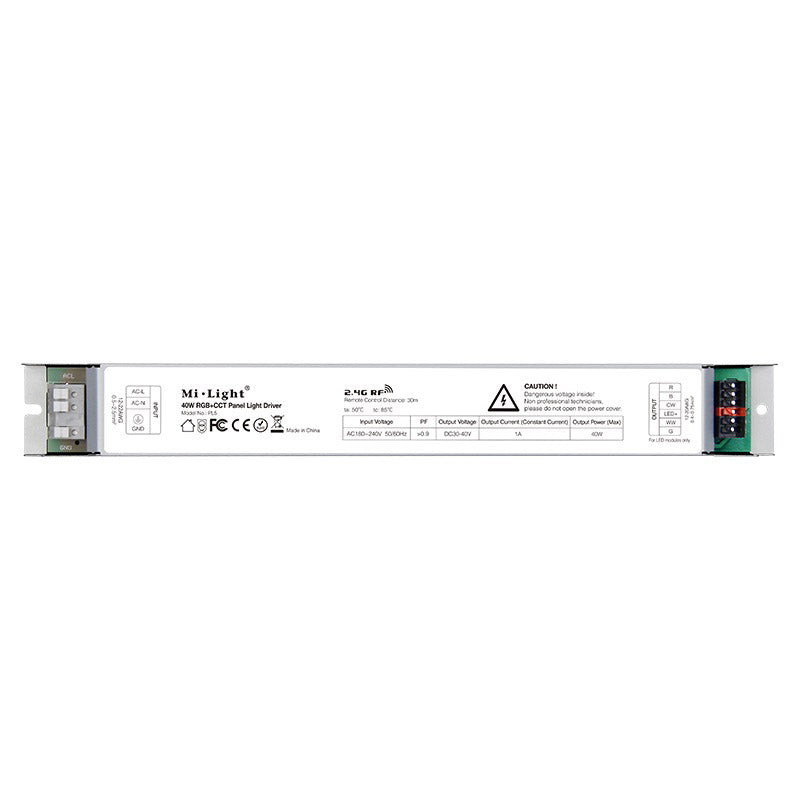 Controlador RGB+CCT específico para paneles LED. En combinación con un mando a distancia permite regular la intensidad, color y temperatura, apagado/encendido de un panel led. Con un mismo mando es posible controlar todos los controladores a su alcance.