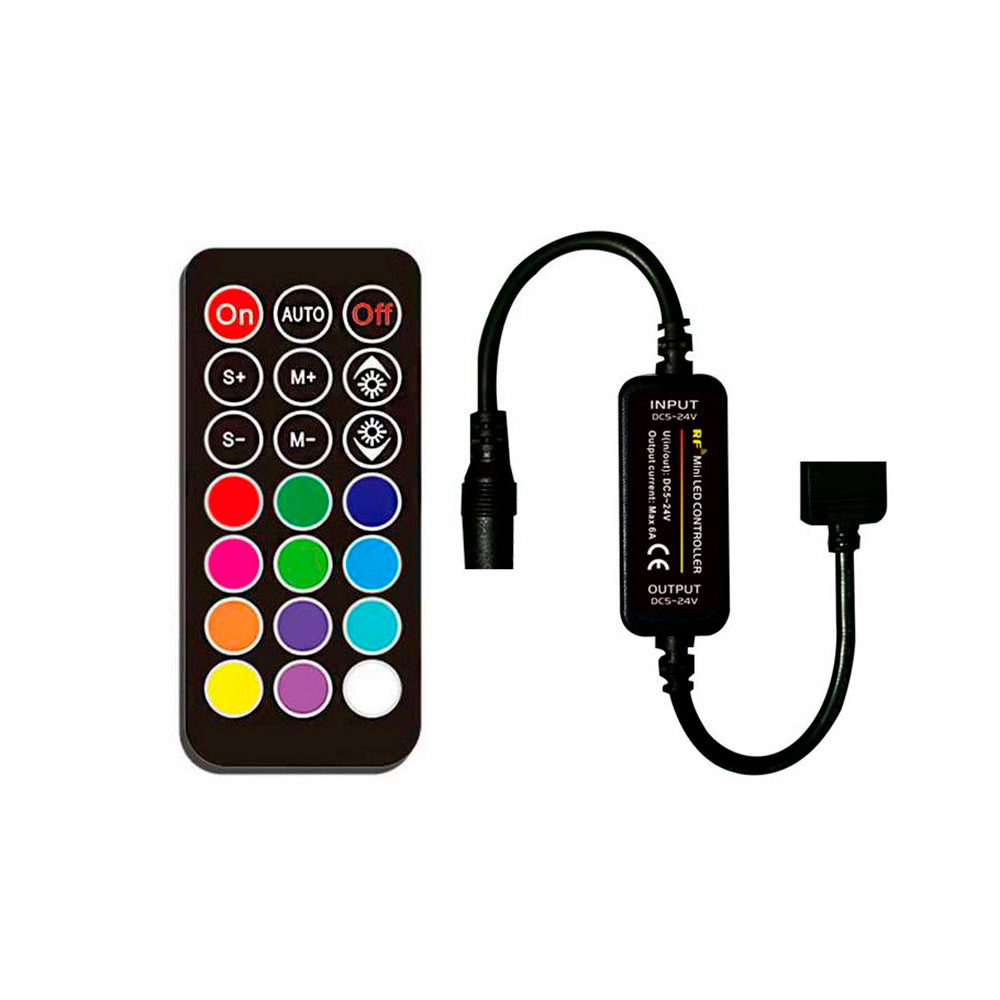 Kit que incluye controlador y mando a ditancia RF para tiras LED RGB. Su mando a distancia de cuidado diseño y múltiples funciones: encendido/apagado, regulación de color de luz, intensidad, efectos, etc.